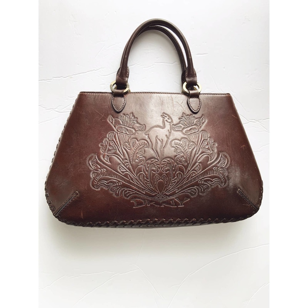 Vtg DKNY Handbag Purse Brown Tooled Deer Leather Stitches Zip Top Double Handles